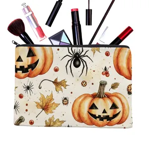 Autumn pumpkin Halloween print canvas cosmetic bag detail showing zipper storage capacity.