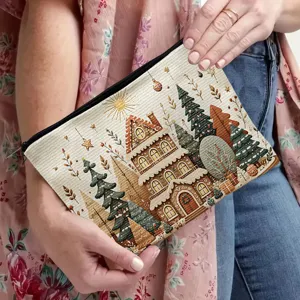Christmas gingerbread house printed zipper pouch winter holiday cosmetic makeup bag detail