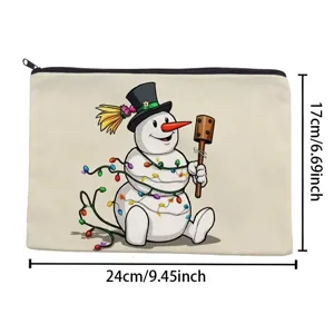 Leinen Kosmetiktasche mit süßem Schneemann-Druck, strapazierfähige Reißverschlusstasche 24x17cm
