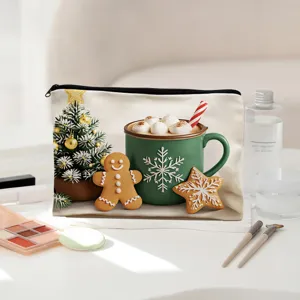Canvas Christmas cosmetic pouch detail featuring cute gingerbread man and festive holiday mug print.