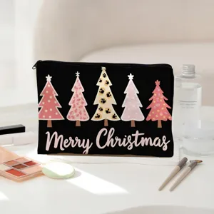 Black Christmas tree cosmetic bag, large polyester makeup pouch for travel and daily use