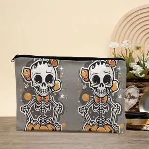 Halloween Skelett Print Kosmetiktasche Detail, retro Leinwand Aufbewahrung auf Tisch.