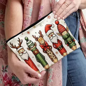 Christmas canvas makeup bag zipper pouch for cosmetics and stationery storage, festive print design.