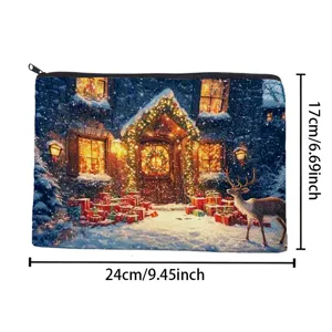 Christmas snowy house print zipper pouch cosmetic bag holiday gift organizer 24x17cm