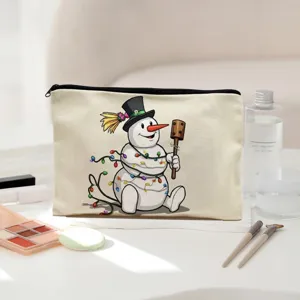 Leinwand Kosmetiktasche mit niedlichem Cartoon Schneemann Druck, ideal für Reisen und Aufbewahrung.