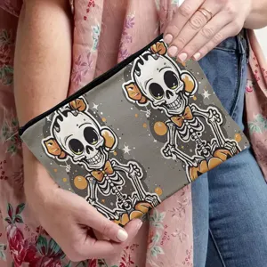 Halloween Skelett Print Kosmetiktasche Detail, retro Stofftasche mit Reißverschluss für Alltagsbedarf.
