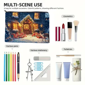 Detailed view of the winter snowy scene zipper pouch showing multi-scene use capacity with cosmetics.