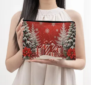 Weihnachtsmotive Kosmetiktasche mit festlichem Geschenk und Schneebaumdruck, Reisetasche.