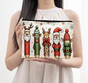 Detailed view of the Christmas gift makeup bag with cute pencil print, zipper closure.