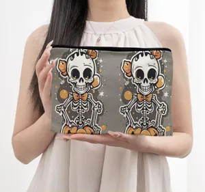 Halloween Skelett Leinen Kosmetiktasche mit Reißverschluss, tragbare Make-up Aufbewahrung.