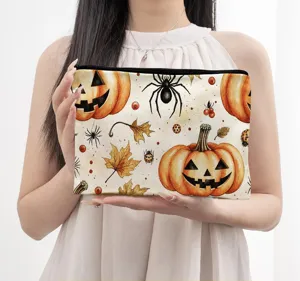 Detailed view of autumn Halloween canvas cosmetic bag, portable makeup pouch and toiletry storage.