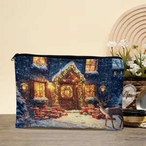 Christmas snow scene digital print zipper cosmetic bag portable canvas storage pouch