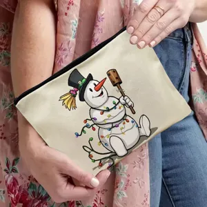 Leinwand Kosmetiktasche mit süßem Cartoon-Schneemann-Druck, ideal für Reisen und tägliche Aufbewahrung.