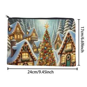 Detailed view of the large Christmas tree makeup pouch showing its size, 24x17cm polyester bag.