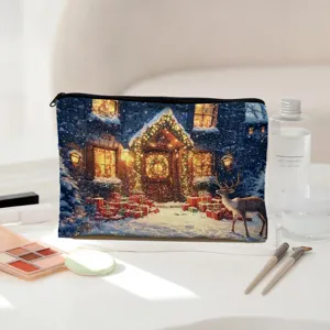 Christmas theme digital print cosmetic pouch with zipper, cozy snowy winter cabin design.