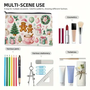 Christmas storage bag with cute gingerbread pattern, multi-functional cosmetic and pencil pouch.