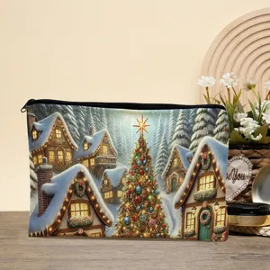 Detailed view of large capacity Christmas tree cosmetic bag, perfect travel makeup storage pouch.