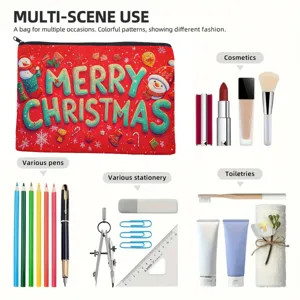 Detail view of Christmas canvas zipper makeup bag showcasing multi-scene usage and storage capacity.