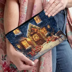 Christmas winter scene printed zippered pouch cosmetic bag daily storage organizer