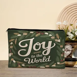 Trousse de maquillage de Noël verte avec impression Joy to the World, pochette portable.