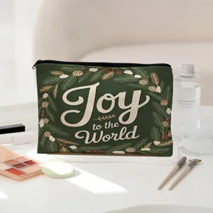 Trousse de maquillage mini portable avec couronne de Noël et imprimé Joy to the World.