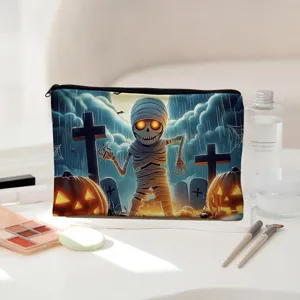 Halloween canvas cosmetic bag spooky mummy makeup pouch portable zipper storage bag