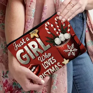 Weihnachtsmotiv bedruckte Kosmetiktasche Detailansicht mit festlichem Muster und Reißverschluss.