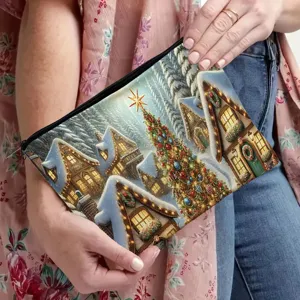 Christmas tree cosmetic bag, polyester travel storage pouch detail view with festive print.