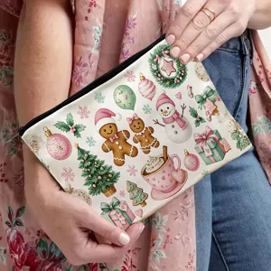 Cute Christmas holiday theme canvas zipper pouch detail showing festive illustrations.