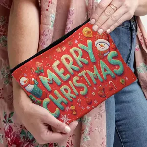 Christmas themed zipper makeup bag and portable toiletry pouch for holiday gifts storage.