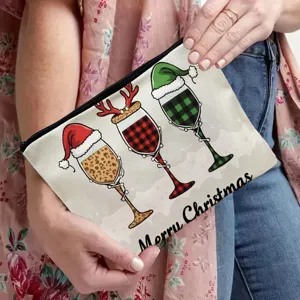 Festliche Weihnachtskosmetiktasche aus Canvas, Reise Make-up Beutel mit tollem Gläserdruck.