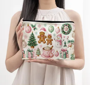 Christmas canvas zipper storage bag cute makeup pouch large portable holiday organizer