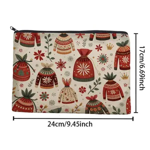 Petite trousse de maquillage portable avec motif de pull de fête et dimensions claires.