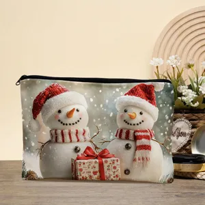 Detail view of Christmas snowman printed cosmetic bag, digital print canvas storage pouch.