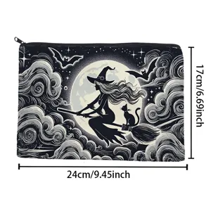 Canvas makeup bag with vintage witch and cat illustration, portable zipper pouch for travel.