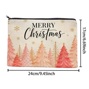 Cute Christmas canvas zipper pouch cosmetic bag with pink tree pattern daily storage