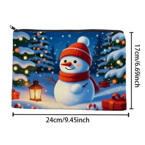 Christmas zipper cosmetic bag with cute snowman design, portable travel makeup pouch for gifts.