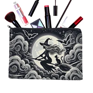 Canvas cosmetic bag detail showcasing Halloween witch print and zipper storage pouch design.