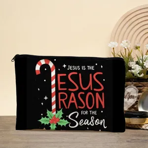 Schwarze Kosmetiktasche aus Leinen mit weihnachtlichem religiösem Text, tragbare Make-up-Tasche.