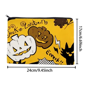 Halloween schwarze Katze Kürbis Make-up Tasche Detail, retro gelbe Leinwand Reißverschluss Etui.