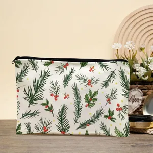 Christmas makeup bag with festive pine and berry print, durable cosmetic pouch for travel.