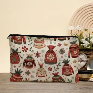 Jolie petite trousse de maquillage portable avec motif de pull d'hiver et de fleurs.