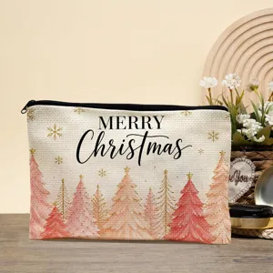 Christmas themed canvas storage pouch with pink tree pattern, portable makeup and cosmetic bag.