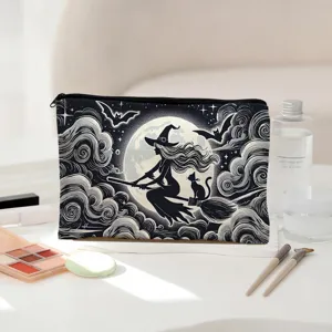 Canvas cosmetic pouch featuring witch and moon print, stylish makeup storage bag for daily use.