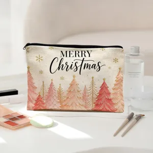 Christmas canvas cosmetic bag portable makeup pouch pink tree zipper storage organizer