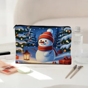 Christmas snowman pattern fabric zipper cosmetic pouch detail showcasing cute winter design.