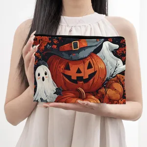 Halloween Kürbis Thema Leinwand Kosmetiktasche Tragbare Reißverschluss Clutch Tasche Aufbewahrung Beutel Reise Make-up Tasche Für Damen