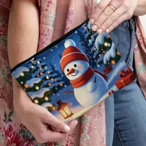 Christmas snowman print cosmetic bag detail, portable zipper pouch for daily travel and gifts use.