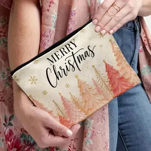 Christmas Tree Print Canvas Cosmetic Pouch Festive Holiday Makeup Zipper Storage Bag