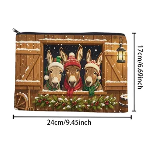 Christmas donkey print canvas zipper pouch cosmetic makeup bag pencil storage bag for daily use